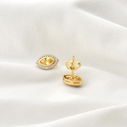 Yellow Topaz Bezel Marquise Stud Earrings with Real Diamonds in 8K/10K/14K Solid Gold | Handmade Jewelry