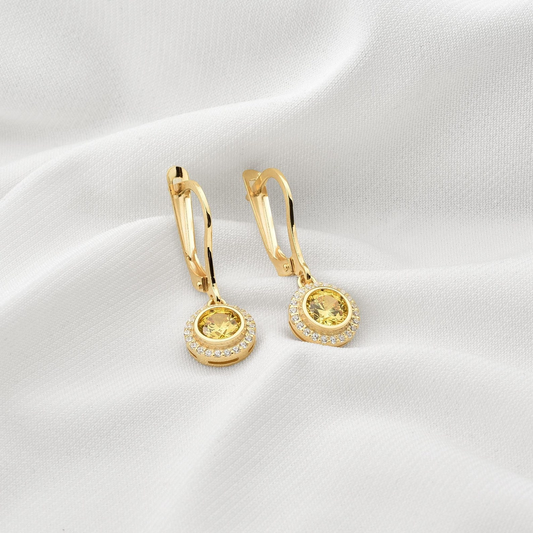 Yellow Topaz Round Bezel Dangle Earrings in 8K/10K/14K Solid Gold with Real Diamonds, November Birthstone Jewelry