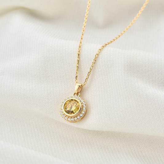 Yellow Topaz Round Bezel Necklace in 8K/10K/14K Solid Gold with Real Diamonds, November Birthstone Jewelry
