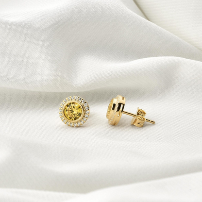 Yellow Topaz Round Bezel Stud Earrings in 8K/10K/14K Solid Gold with Real Diamonds, November Birthstone Jewelry