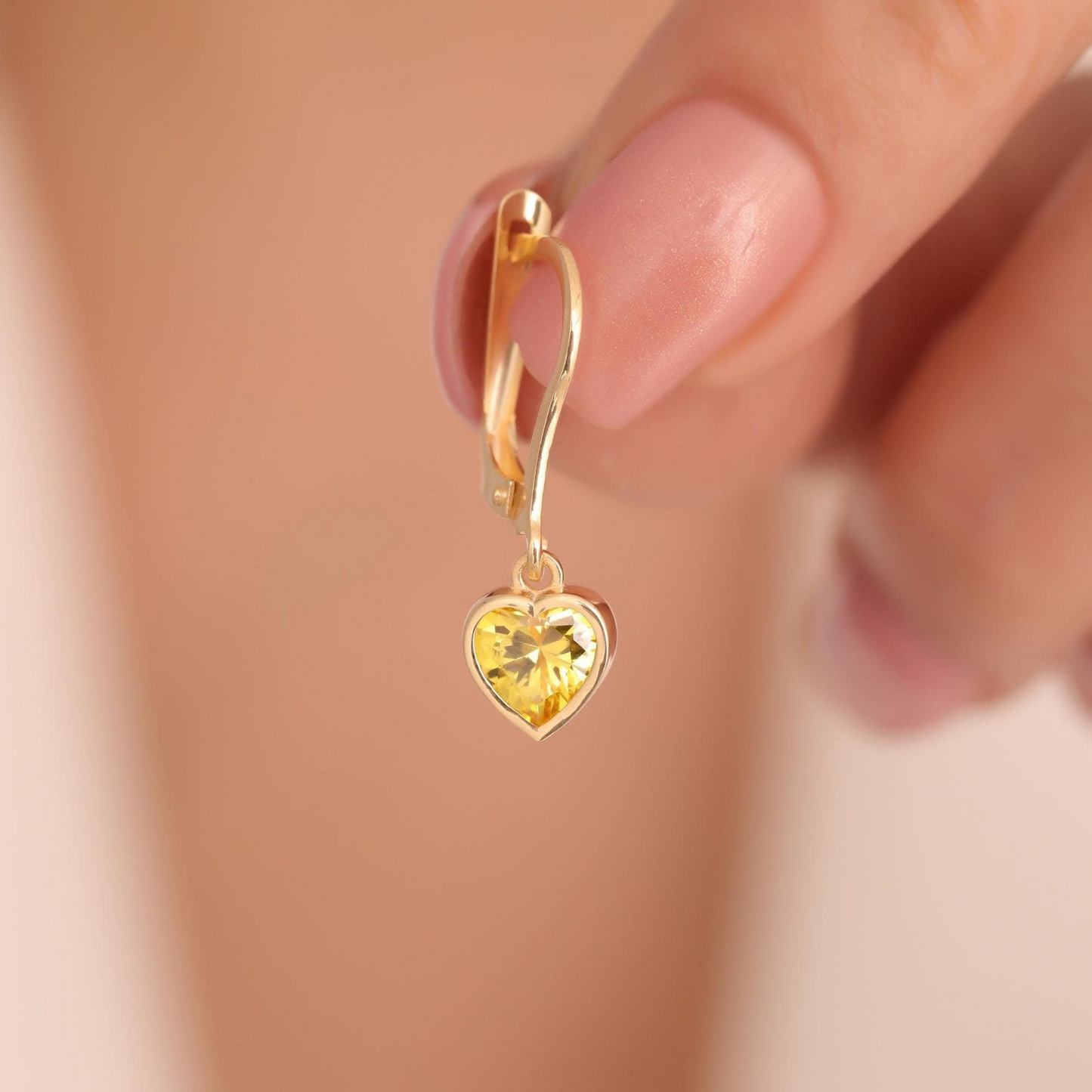 Yellow Topaz Heart Cut Bezel Dangle Earrings 14K Solid Gold, Elegant Birthstone Jewelry