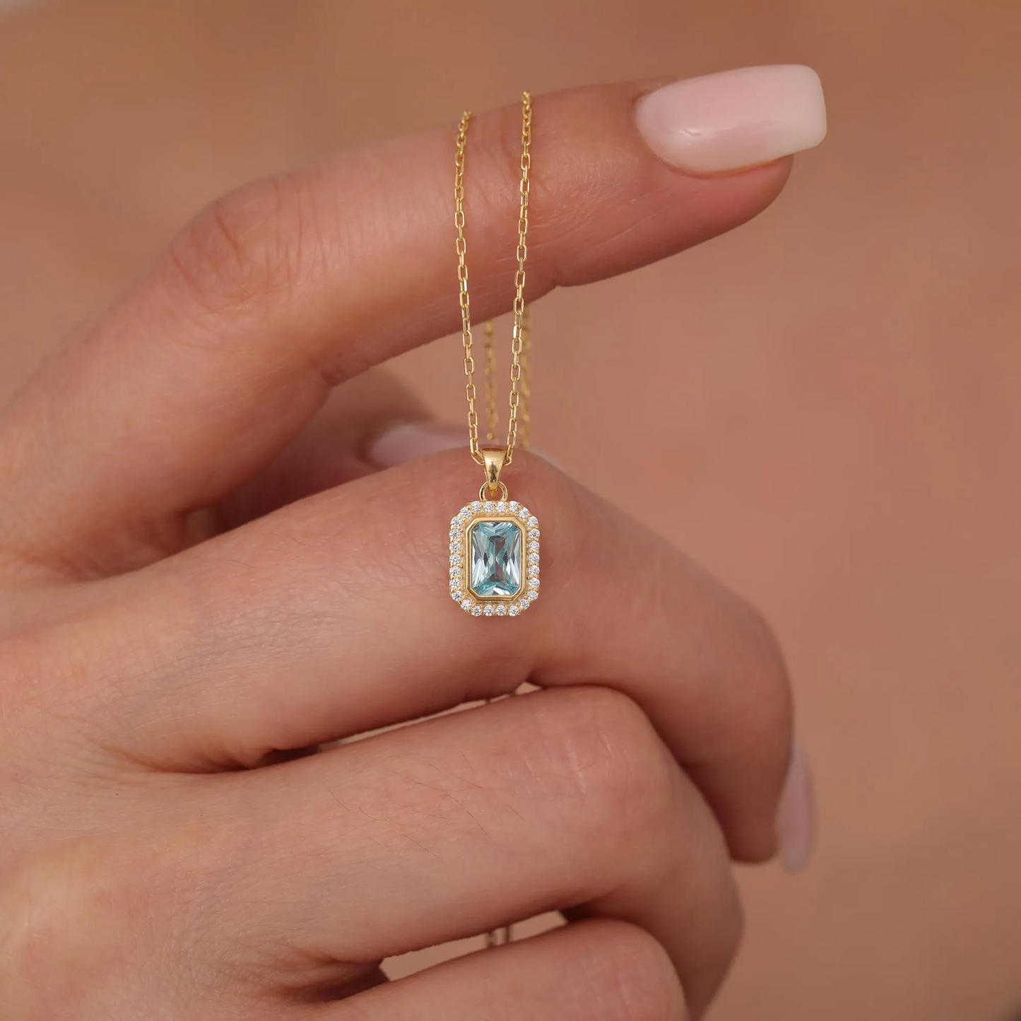Rectangle Aquamarine Bezel Necklace in 8K/10K/14K Solid Gold Surrounded with Real Diamonds, March Birthstone Jewelry