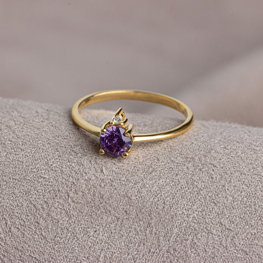 Round Amethyst Ring in 14K Solid Gold with Single Stone Real Diamond, February Birthstone Jewelry