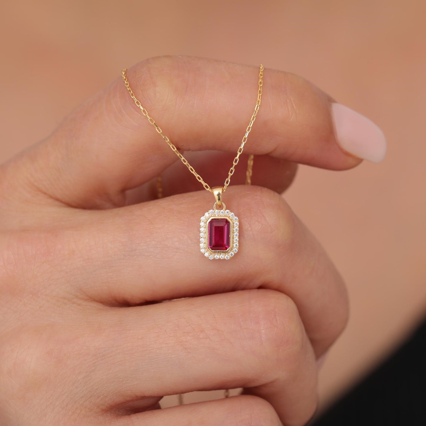 Rectangle Ruby Bezel Necklace in 8K/10K/14K Solid Gold Surrounded with Real Diamonds, July Birthstone Jewelry