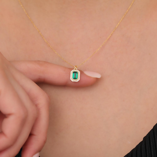 Rectangle Emerald Bezel Necklace in 8K/10K/14K Solid Gold Surrounded with Real Diamonds, May Birthstone Jewelry