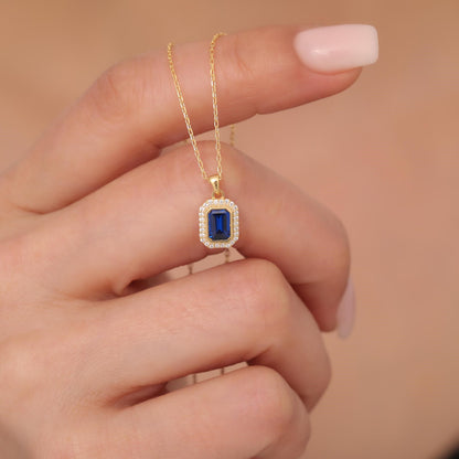 Rectangle Sapphire Bezel Necklace in 8K/10K/14K Solid Gold Surrounded with Real Diamonds, September Birthstone Jewelry