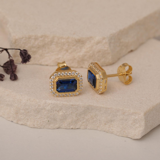 Rectangle Sapphire Bezel Stud Earrings in 10K/14K Solid Gold Surrounded with Real Diamonds, September Birthstone Jewelry