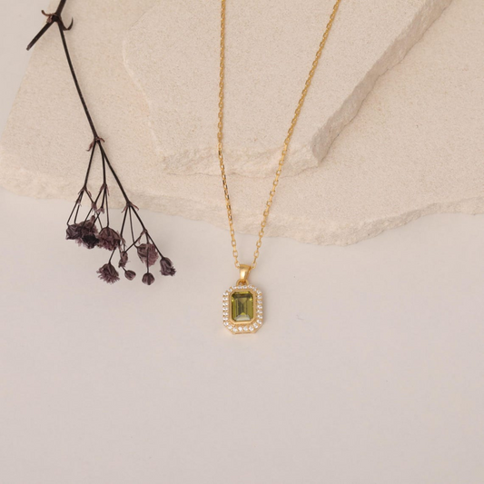 Rectangle Peridot Bezel Necklace in 8K/10K/14K Solid Gold Surrounded with Real Diamonds, August Birthstone Jewelry