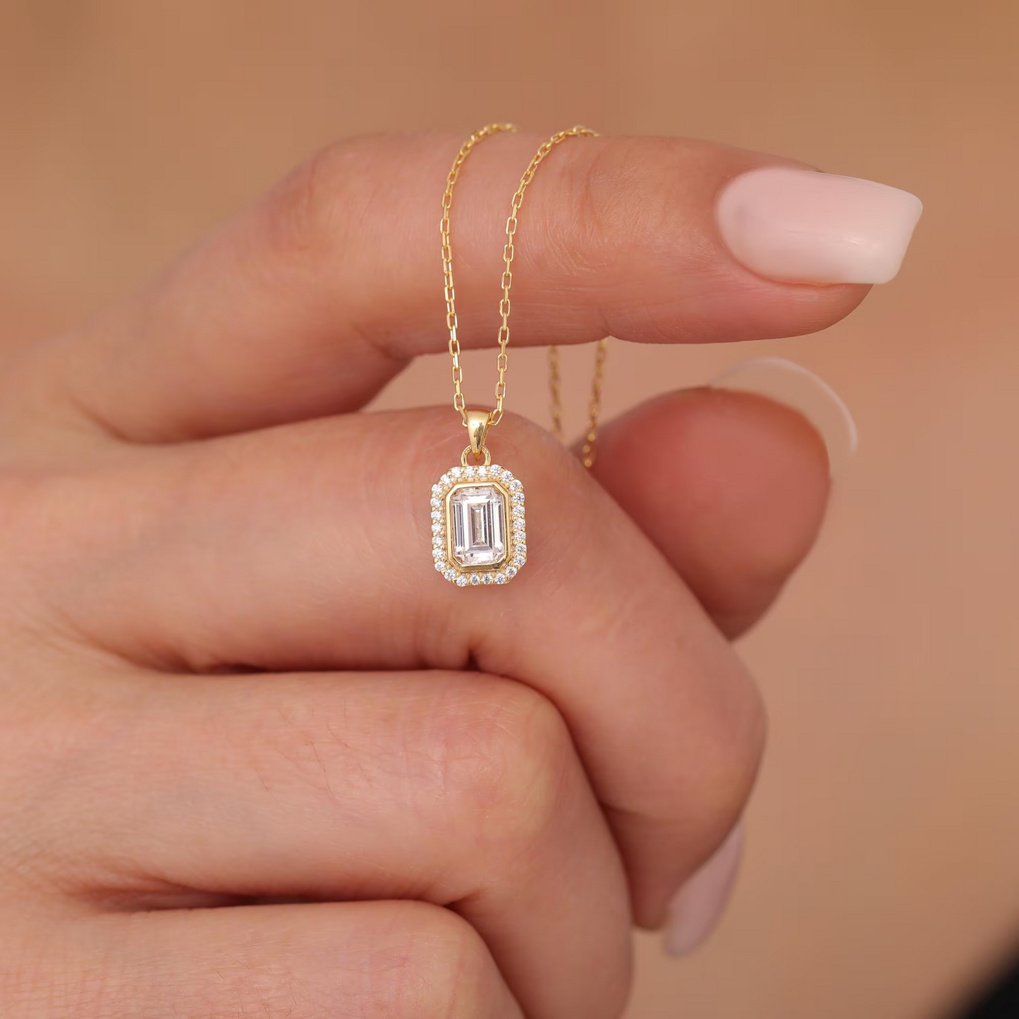 Rectangle White Topaz Bezel Necklace in 8K/10K/14K Solid Gold Surrounded with Real Diamonds, April Birthstone Jewelry