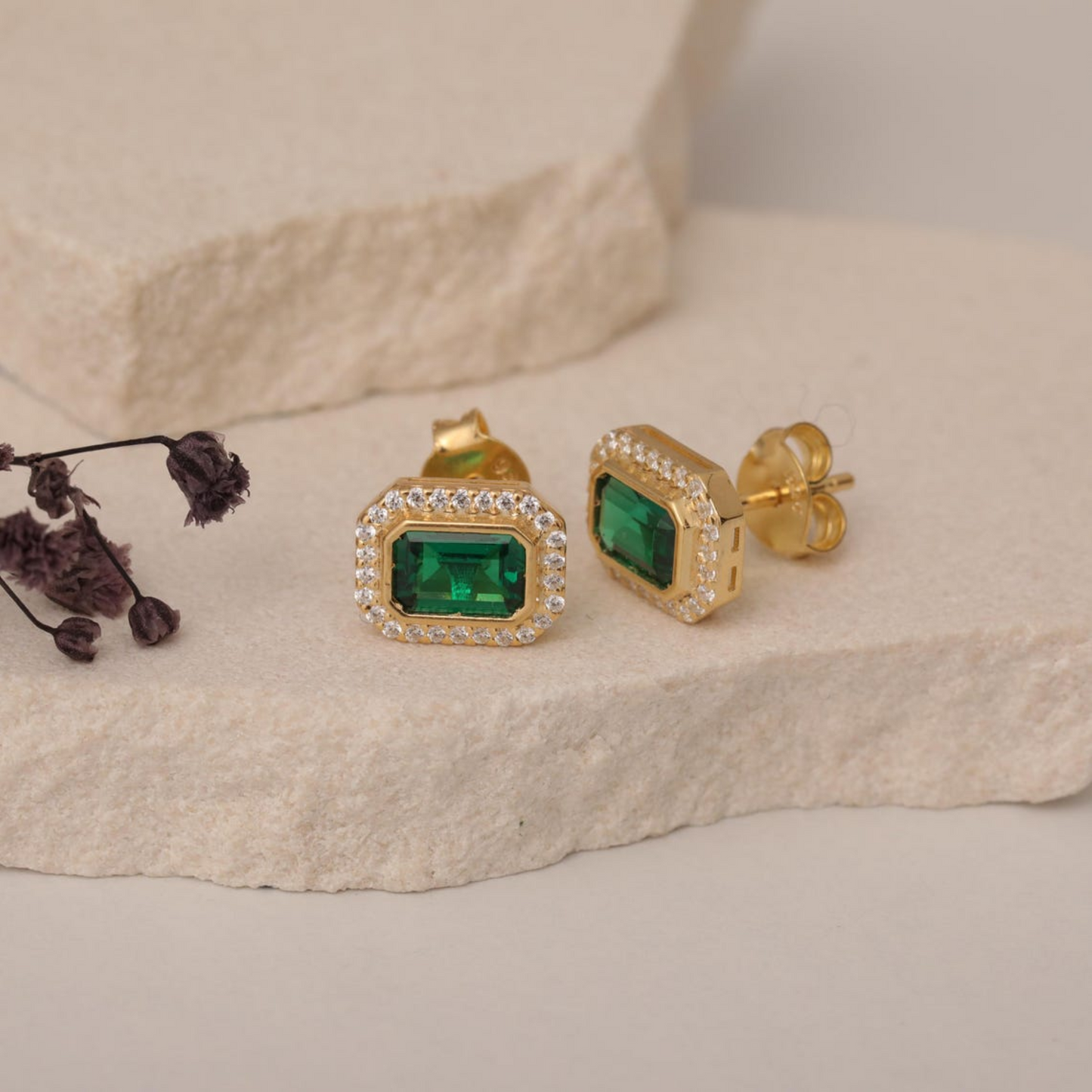 Rectangle Emerald Bezel Stud Earrings in 10K/14K Solid Gold Surrounded with Real Diamonds, May Birthstone Jewelry