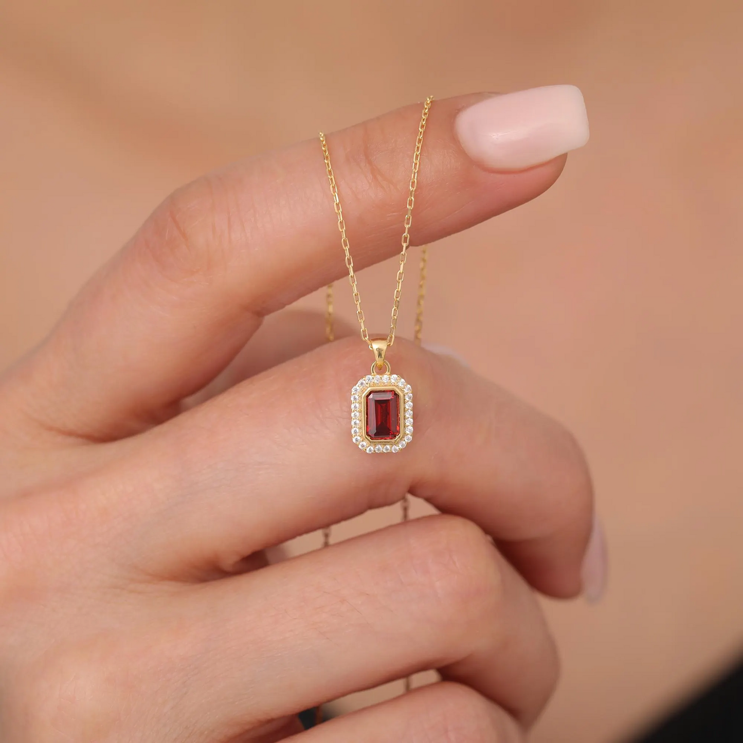 Rectangle Garnet Bezel Necklace in 8K/10K/14K Solid Gold Surrounded with Real Diamonds, January Birthstone Jewelry