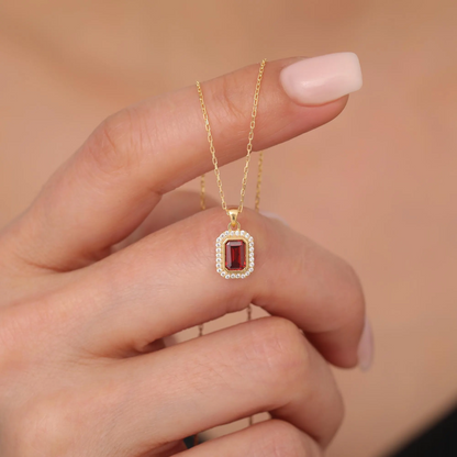 Rectangle Garnet Bezel Necklace in 8K/10K/14K Solid Gold Surrounded with Real Diamonds, January Birthstone Jewelry