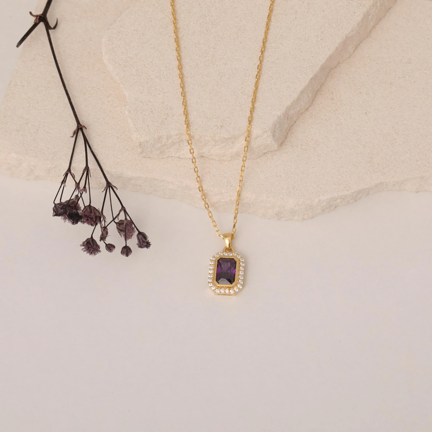 Rectangle Amethyst Bezel Necklace in 8K/10K/14K Solid Gold Surrounded with Real Diamonds, February Birthstone Jewelry