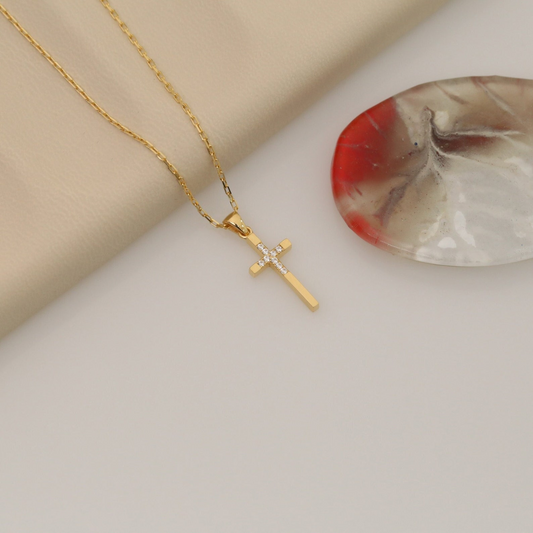 Cross Necklace with Real Diamonds in 14K Solid Gold, Religious Handmade Jewelry