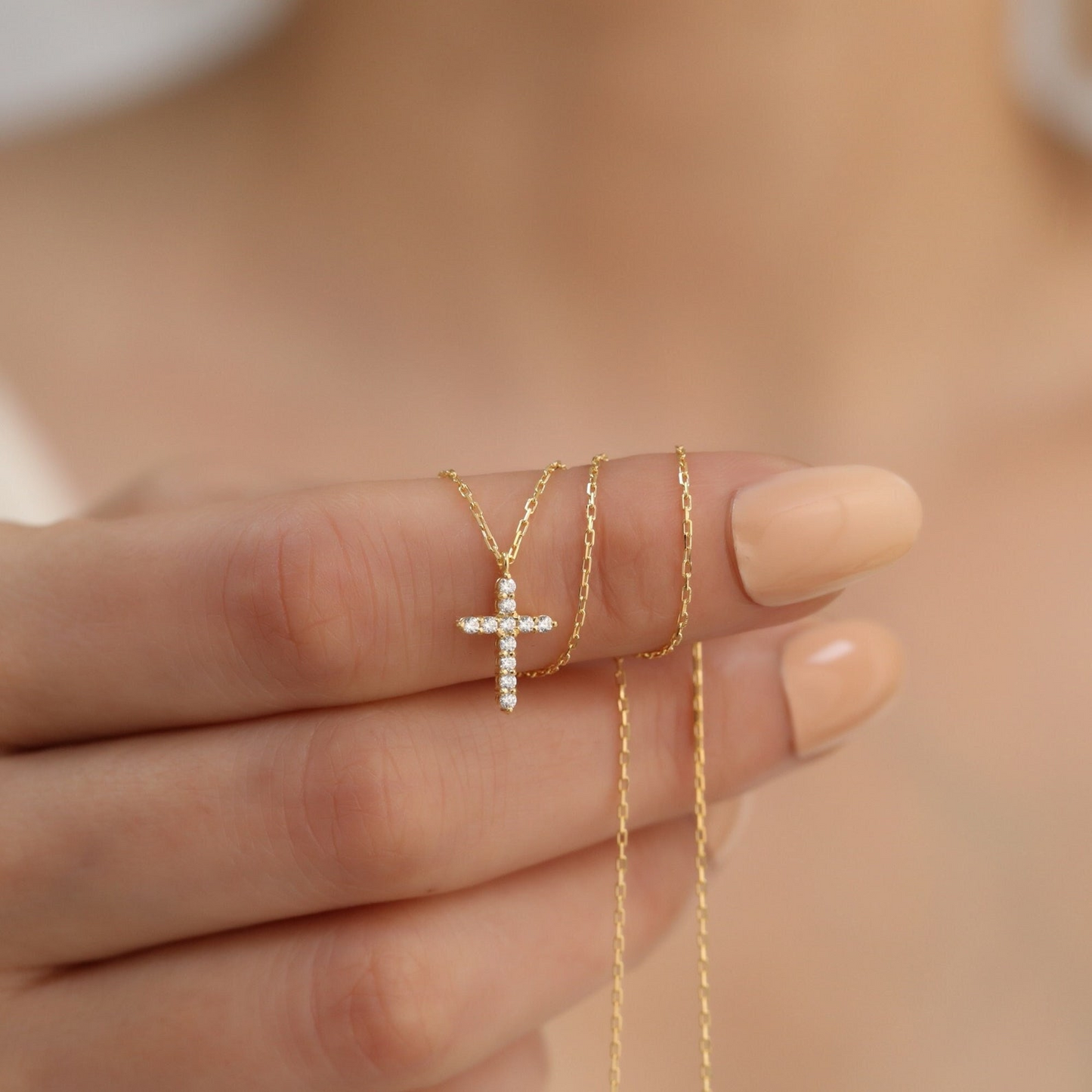 Cross Necklace with Real Diamonds in 8K/10K/14K Solid Gold, Handcrafted Religious Jewelry