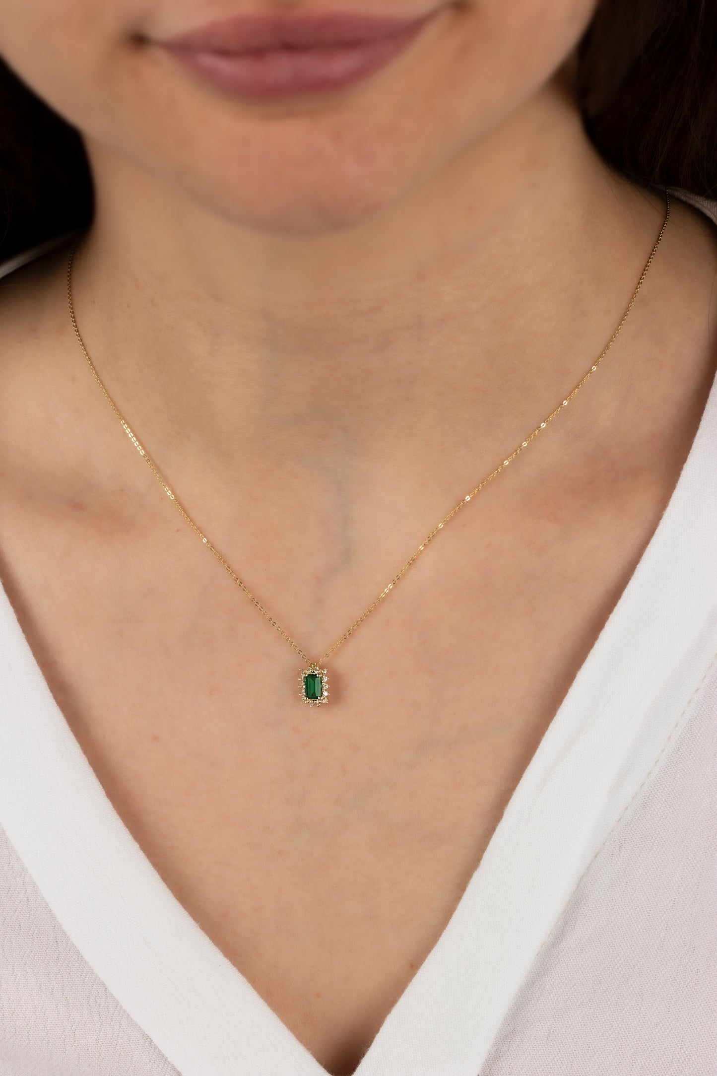 Rectangle Emerald Necklace with Real Diamond 14K Solid Gold, May Birthstone