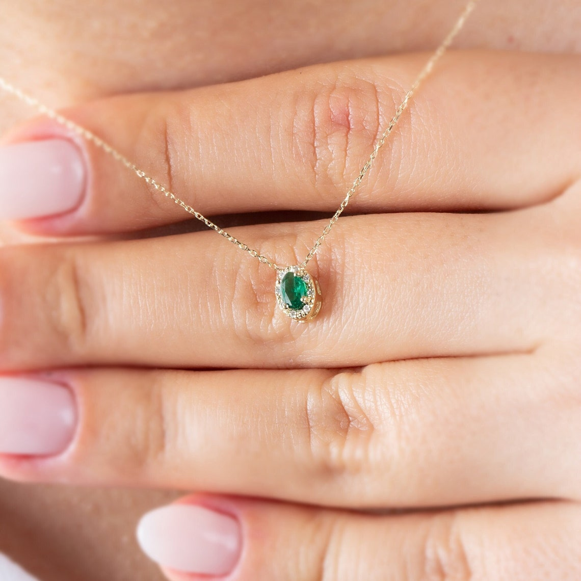 Oval Cut Emerald Necklace with Real Diamonds in 8K/10K/14K Solid Gold, May Birthstone Pendant