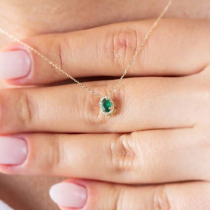 Oval Cut Emerald Necklace with Real Diamonds in 8K/10K/14K Solid Gold, May Birthstone Pendant