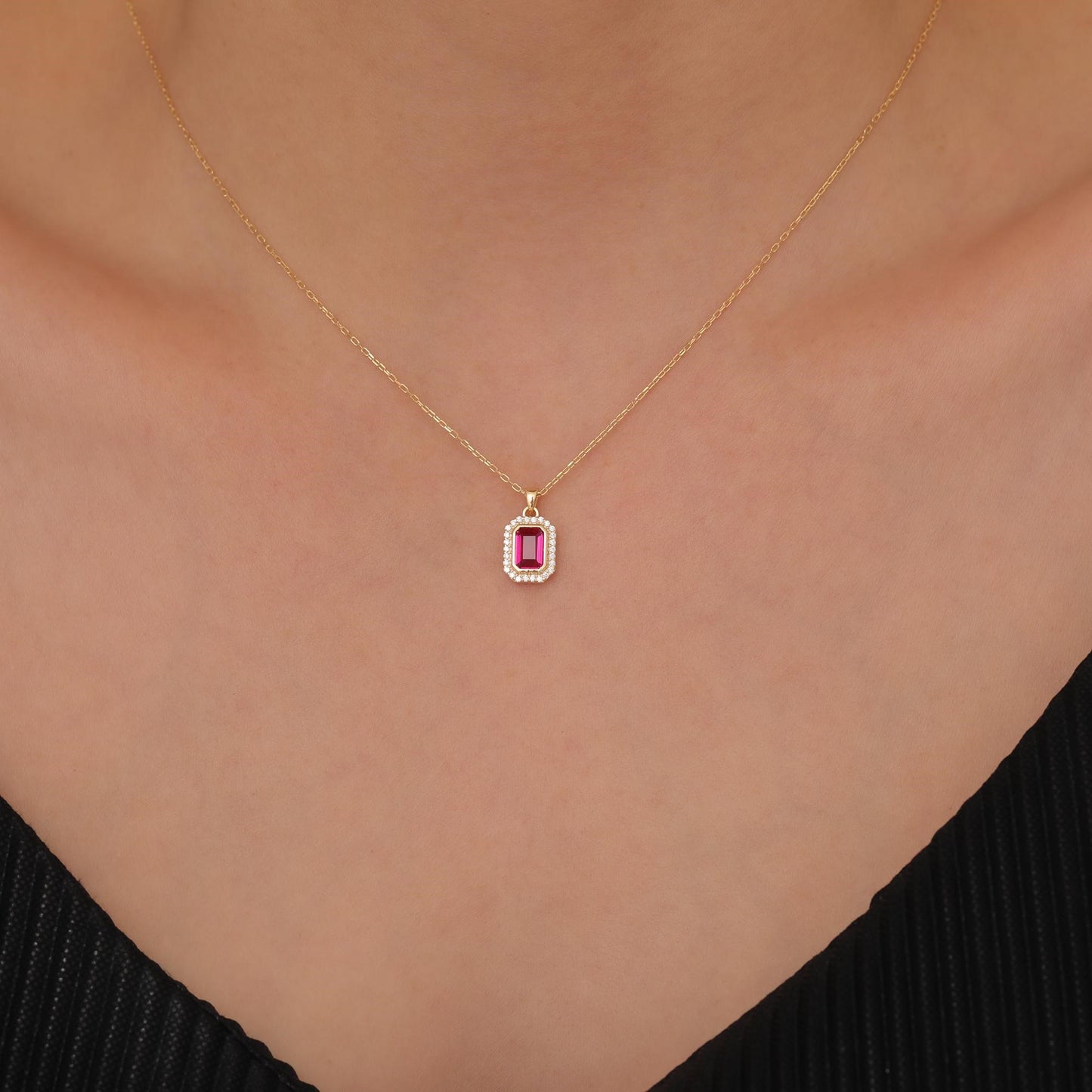 Rectangle Ruby Bezel Necklace in 8K/10K/14K Solid Gold Surrounded with Real Diamonds, July Birthstone Jewelry
