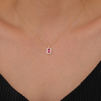 Rectangle Ruby Bezel Necklace in 8K/10K/14K Solid Gold Surrounded with Real Diamonds, July Birthstone Jewelry