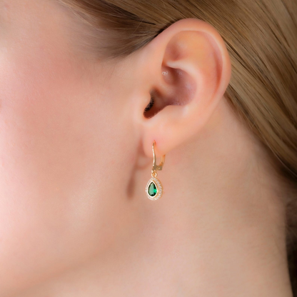 Emerald Bezel Drop Dangle Earrings with Real Diamonds in 8K/10K/14K Solid Gold | May Birthstone Jewelry
