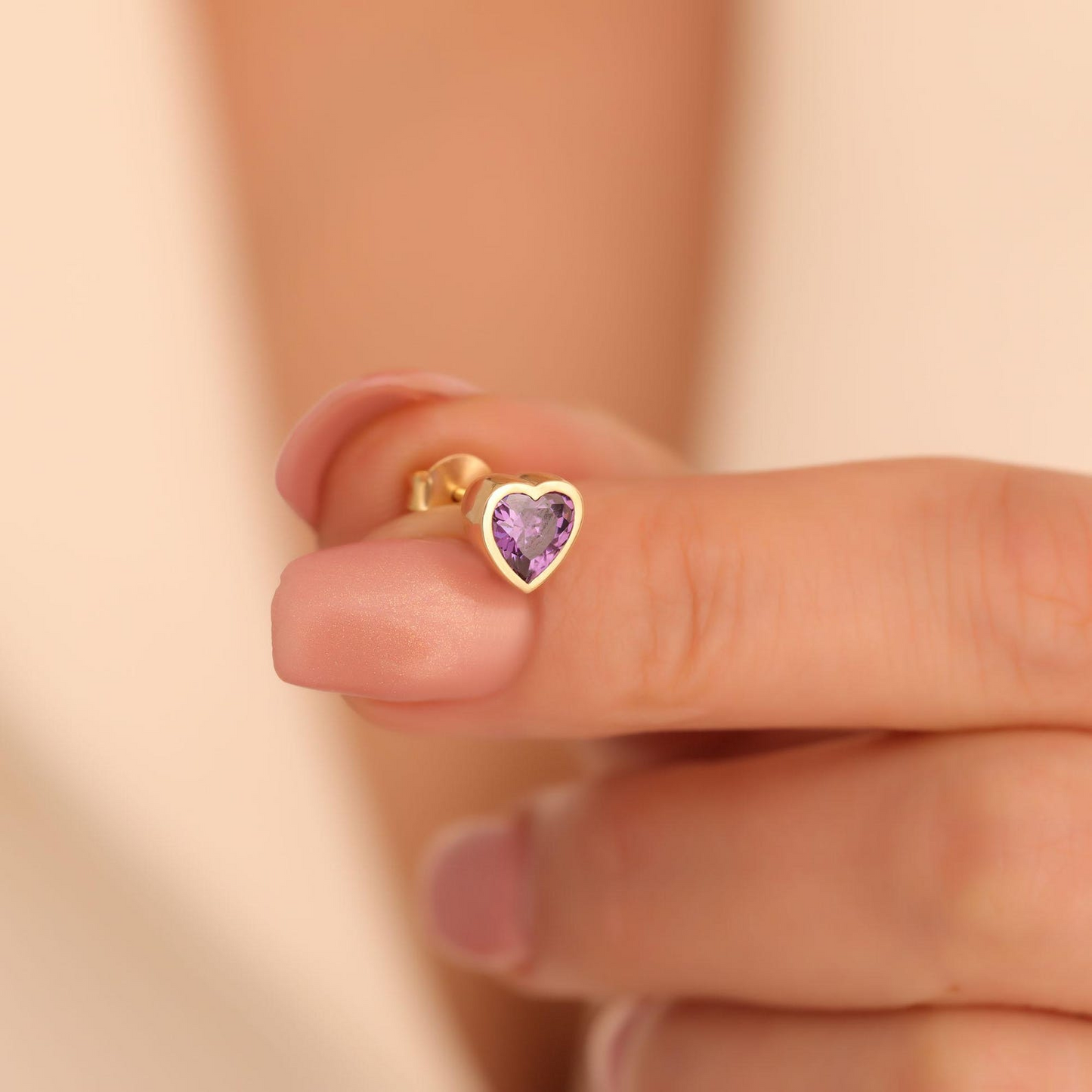 Amethyst Heart Bezel Stud Earrings 10K/14K Solid Gold, February Birthstone Jewelry