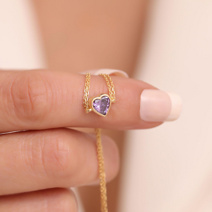 Heart Amethyst Bezel Bracelet in 10K/14K Solid Gold | February Birthstone