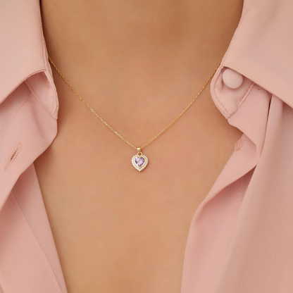 Amethyst Bezel Heart Necklace with Real Diamonds in 8K/10K/14K Solid Gold | February Birthstone Jewelry