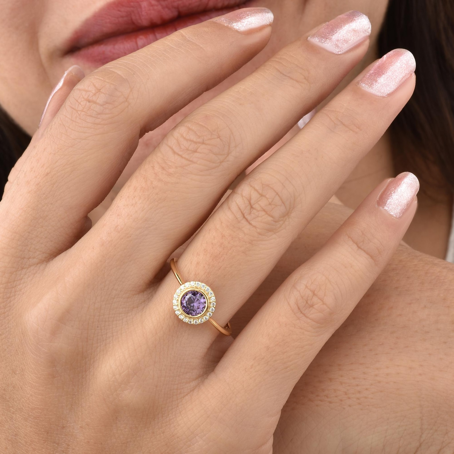 Amethyst Round Bezel Ring in 8K/10K/14K Solid Gold with Real Diamonds, February Birthstone Jewelry