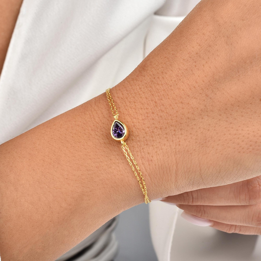 Amethyst Drop Bezel Bracelet in 10K/14K Solid Gold, February Birthstone Jewelry