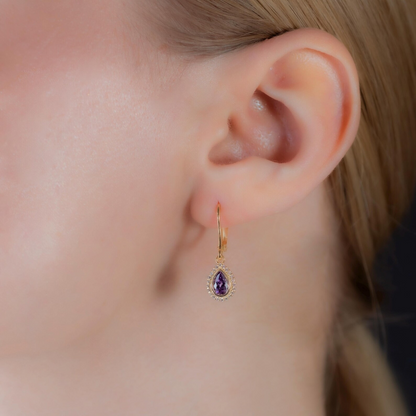 Amethyst Bezel Drop Dangle Earrings with Real Diamonds in 8K/10K/14K Solid Gold | February Birthstone Jewelry