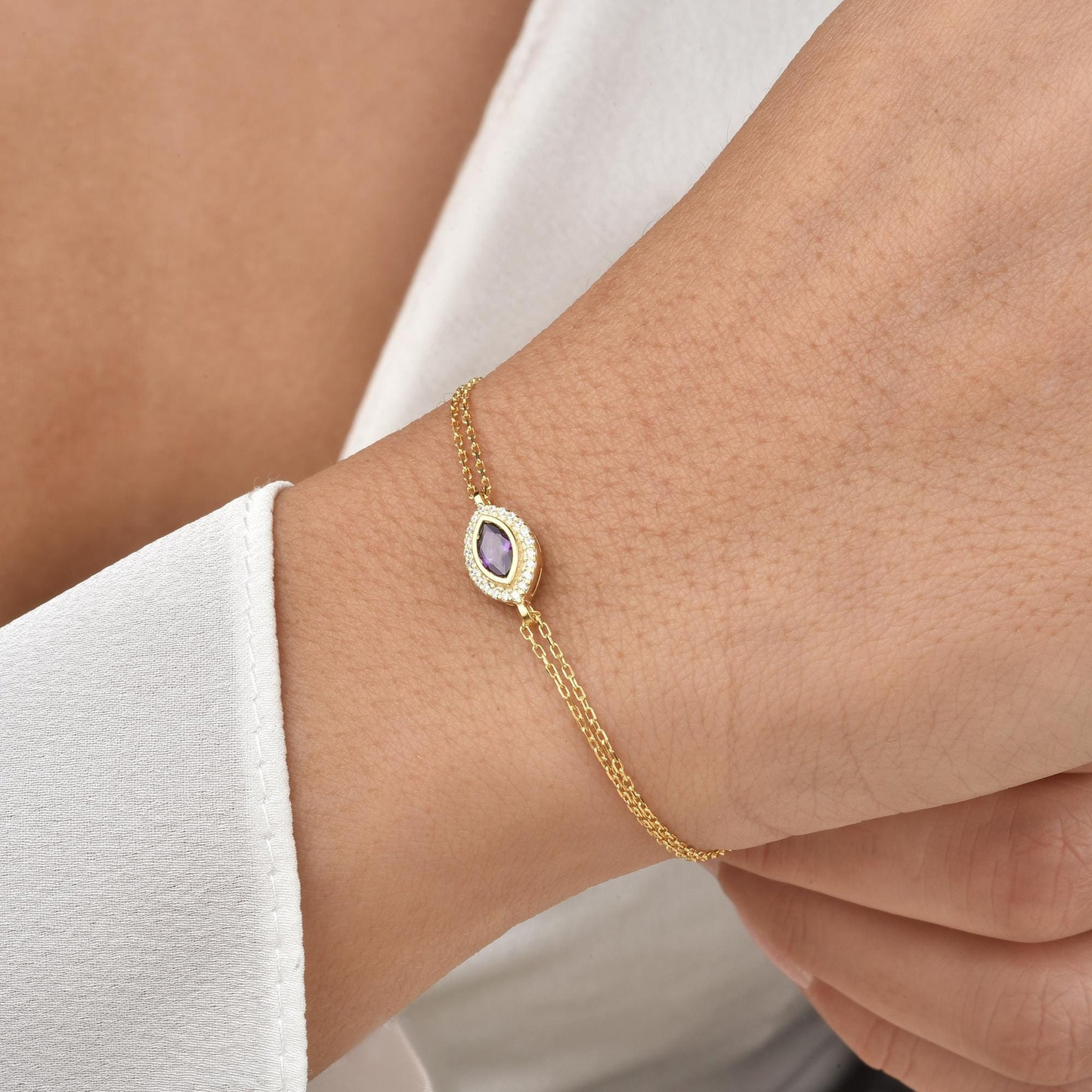 Amethyst Bezel Marquise Bracelet with Real Diamonds in 8K/10K/14K Solid Gold | February Birthstone Jewelry