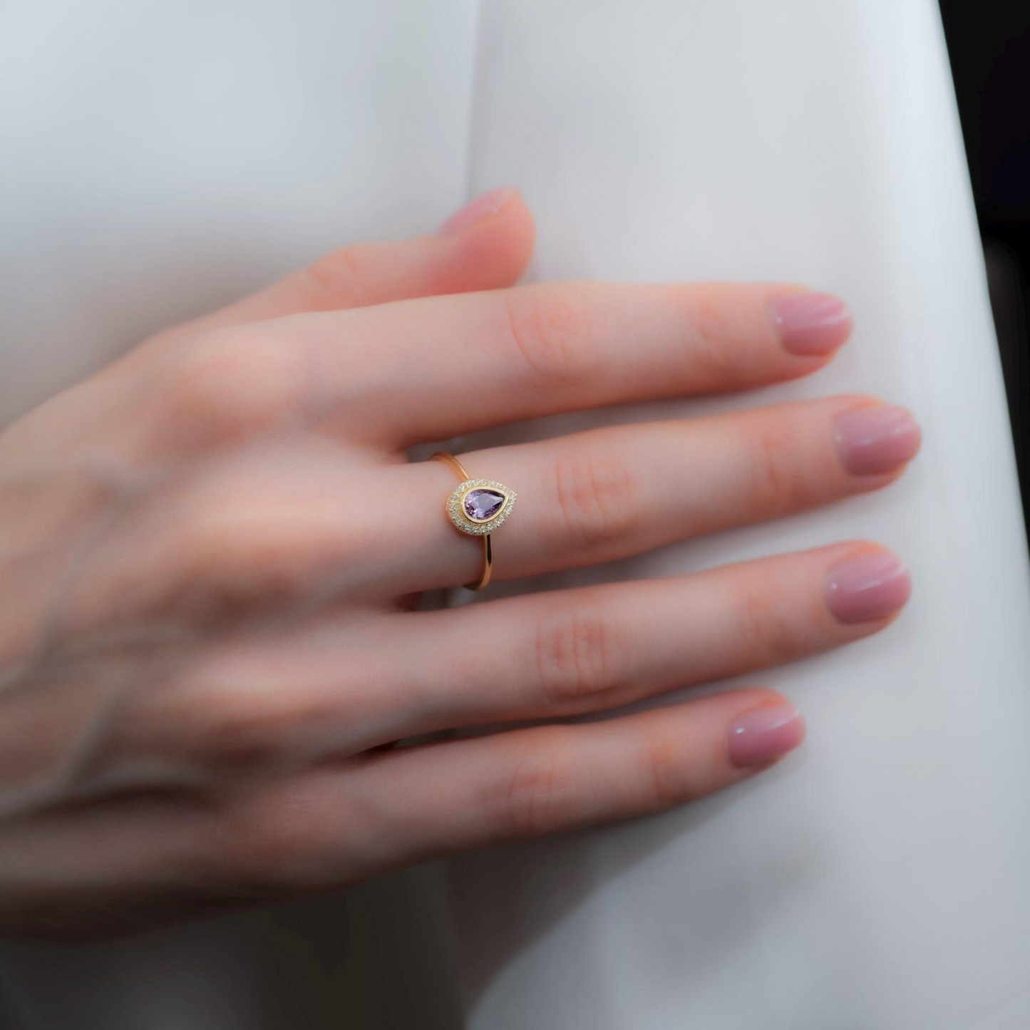 Amethyst Bezel Drop Ring with Real Diamonds in 8K/10K/14K Solid Gold | February Birthstone Jewelry