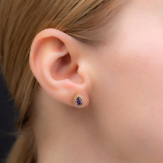 Amethyst Bezel Drop Stud Earrings with Real Diamonds in 8K/10K/14K Solid Gold | February Birthstone Jewelry