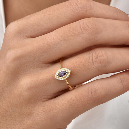 Amethyst Bezel Marquise Ring with Real Diamonds in 8K/10K/14K Solid Gold | February Birthstone Jewelry