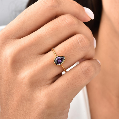 Amethyst Drop Bezel Ring 8K/10K/14K Solid Gold, February Birthstone Jewelry