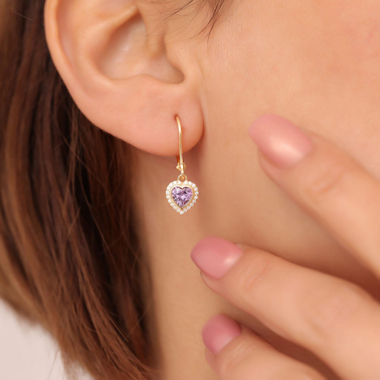 Amethyst Bezel Heart Dangle Earrings with Real Diamonds in 8K/10K/14K Solid Gold | February Birthstone Jewelry