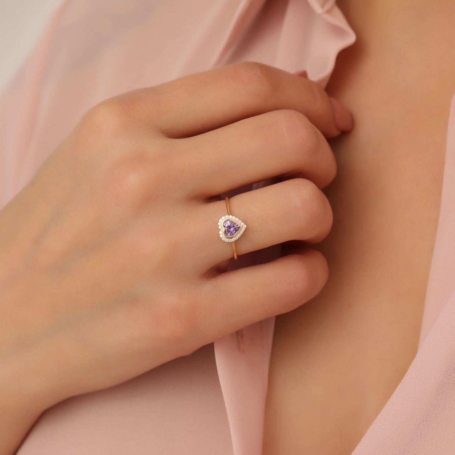 Amethyst Bezel Heart Ring with Real Diamonds in 8K/10K/14K Solid Gold | February Birthstone Jewelry