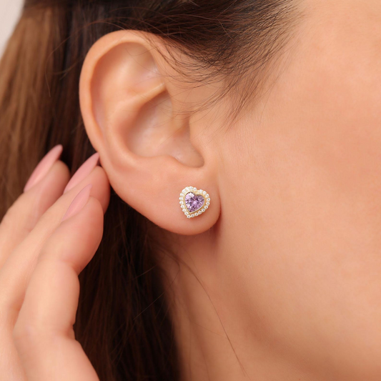 Amethyst Bezel Heart Stud Earrings with Real Diamonds in 10K/14K Solid Gold | February Birthstone Jewelry