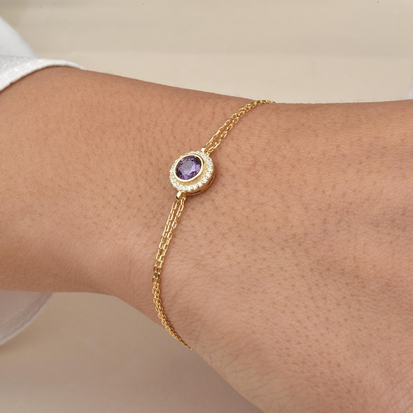 Amethyst Round Bezel Bracelet in 8K/10K/14K Solid Gold with Real Diamonds, February Birthstone Jewelry