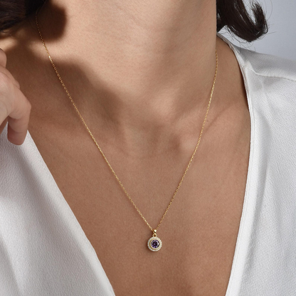 Amethyst Round Bezel Necklace in 8K/10K/14K Solid Gold with Real Diamonds, February Birthstone Jewelry