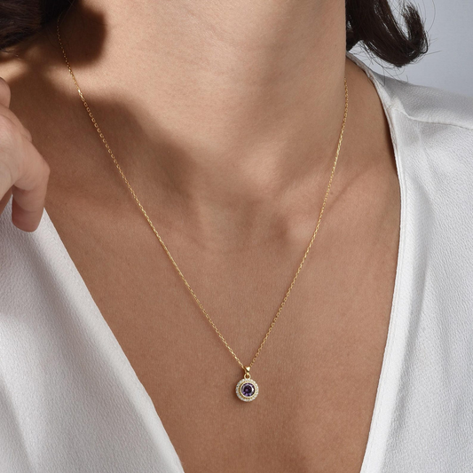 Amethyst Round Bezel Necklace in 8K/10K/14K Solid Gold with Real Diamonds, February Birthstone Jewelry