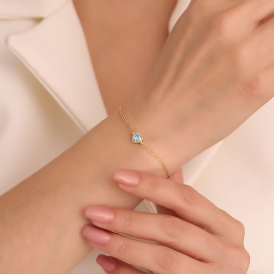 Heart Aquamarine Bezel Bracelet in 10K/14K Solid Gold | March Jewelry