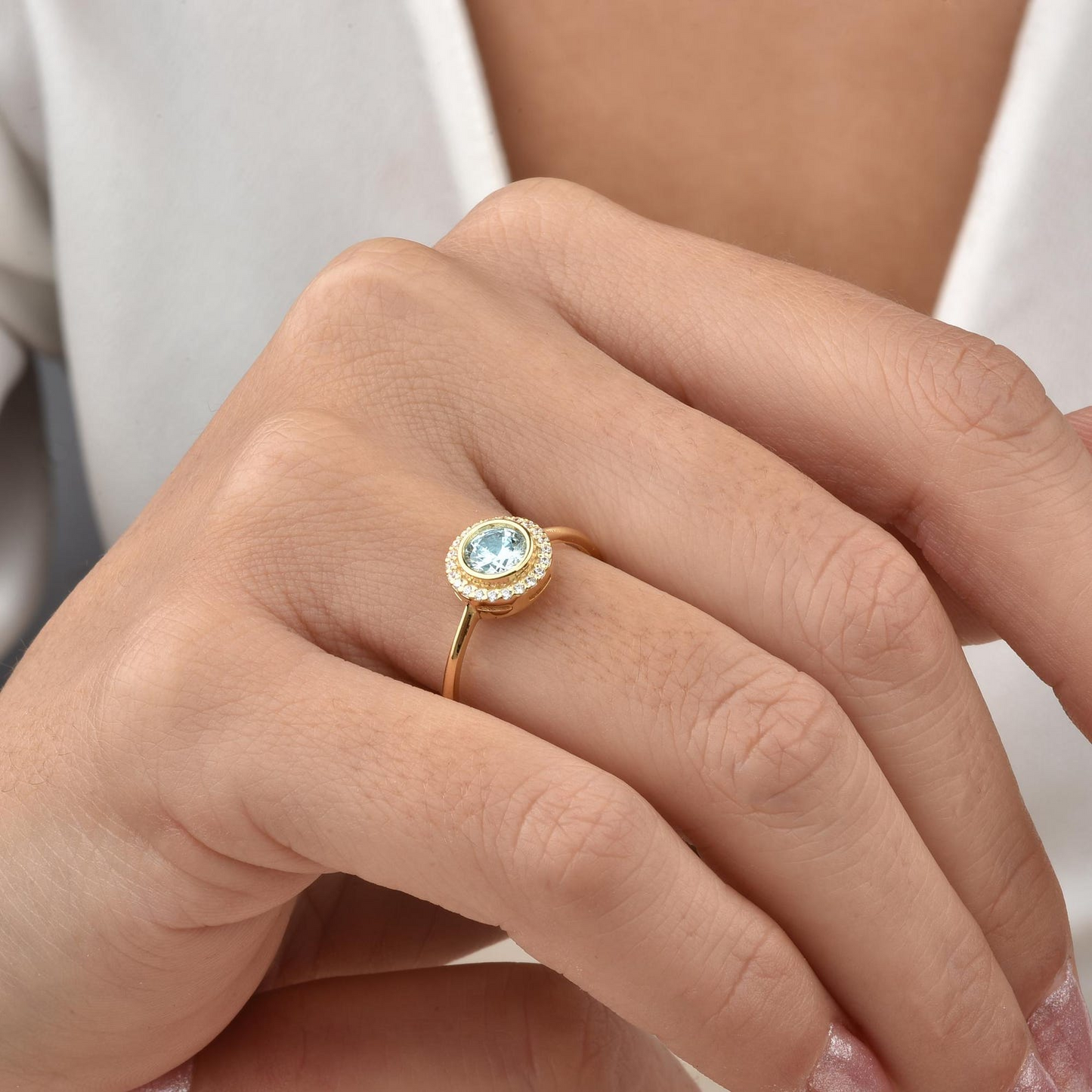 Aquamarine Round Bezel Ring in 8K/10K/14K Solid Gold with Real Diamonds, March Birthstone Jewelry
