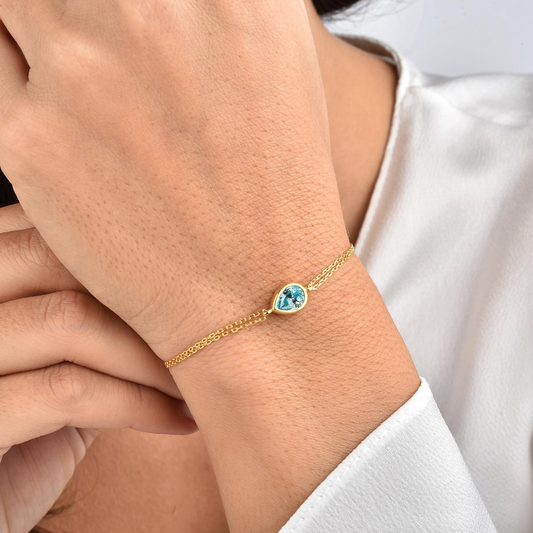 Aquamarine Drop Bezel Bracelet in 10K/14K Solid Gold, March Birthstone Jewelry