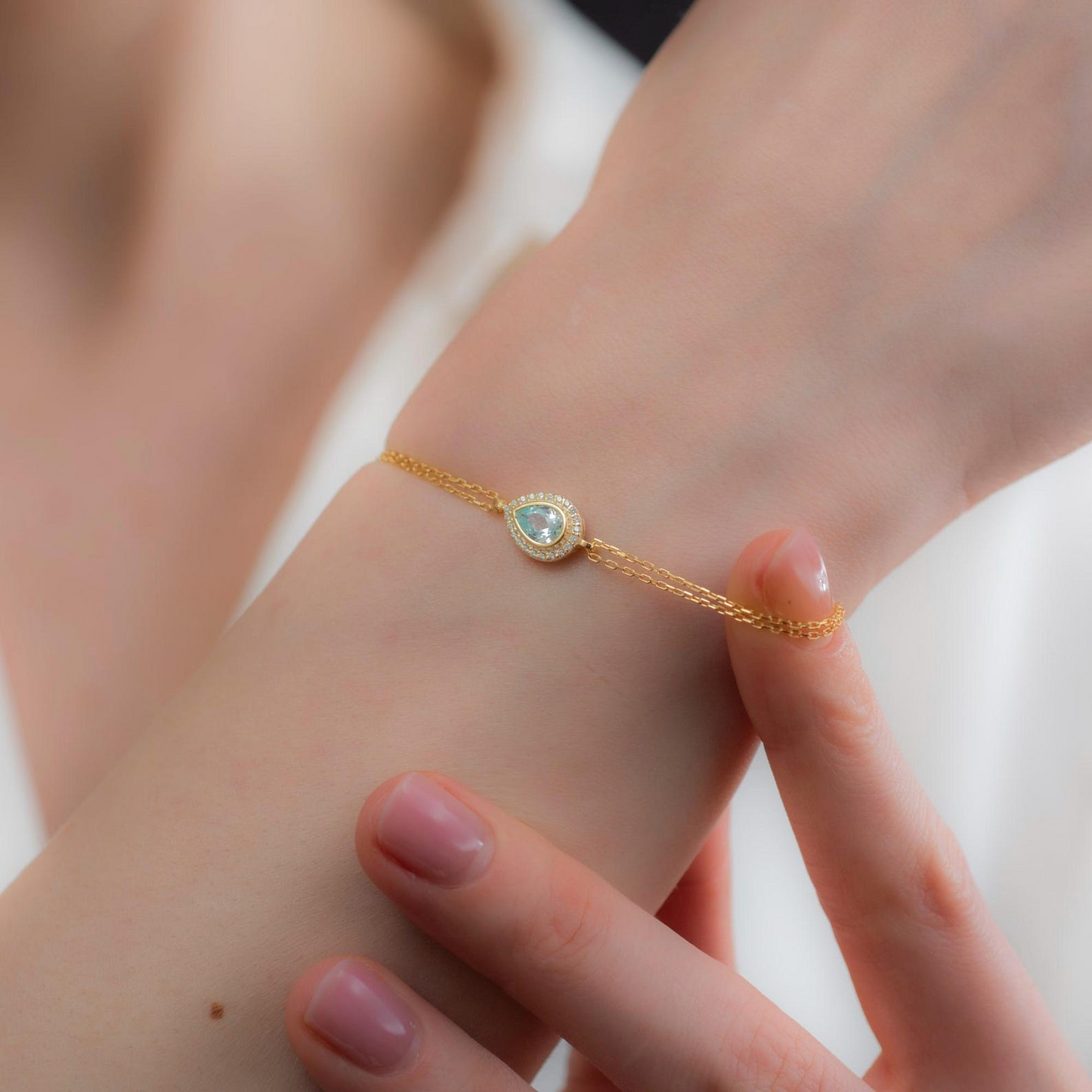 Aquamarine Bezel Drop Bracelet with Real Diamonds in 8K/10K/14K Solid Gold | March Birthstone Jewelry
