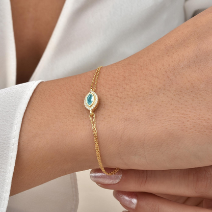 Aquamarine Bezel Marquise Bracelet with Real Diamonds in 8K/10K/14K Solid Gold | March Birthstone Jewelry