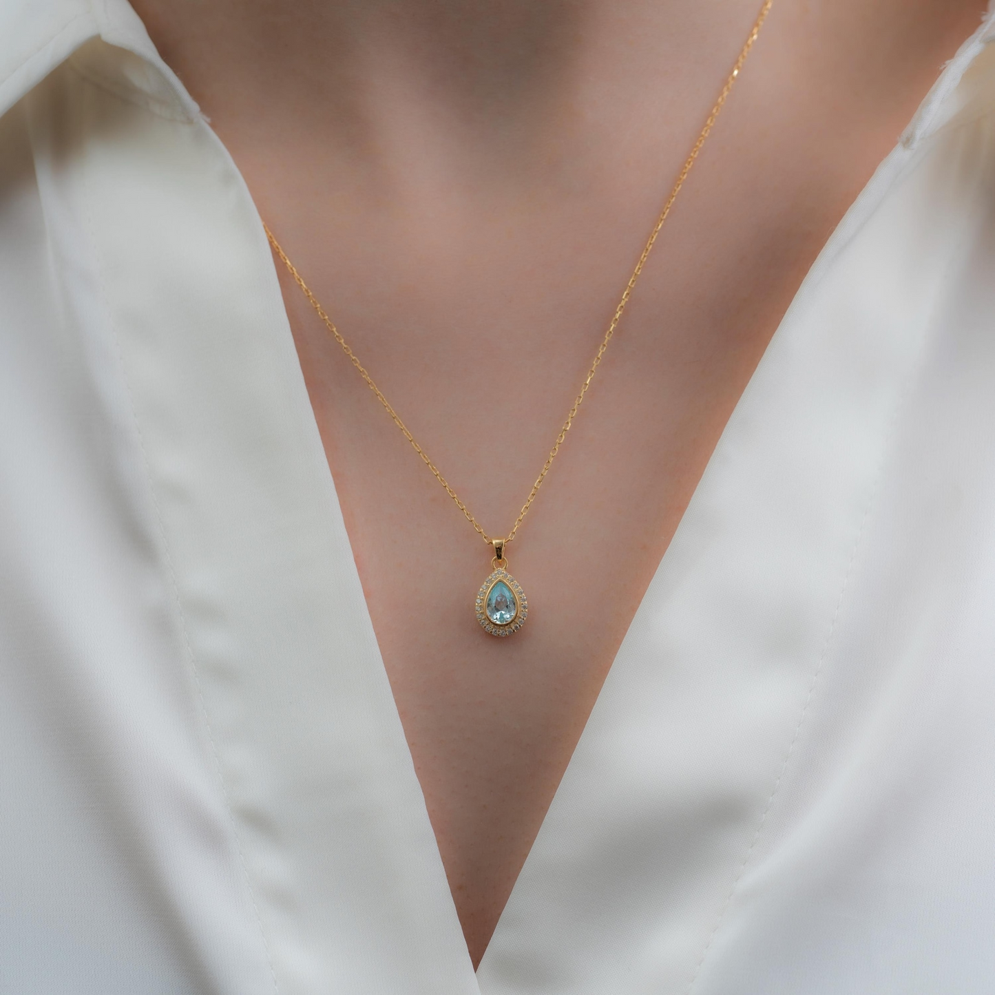 Aquamarine Bezel Drop Necklace with Real Diamonds in 8K/10K/14K Solid Gold | March  Birthstone Jewelry