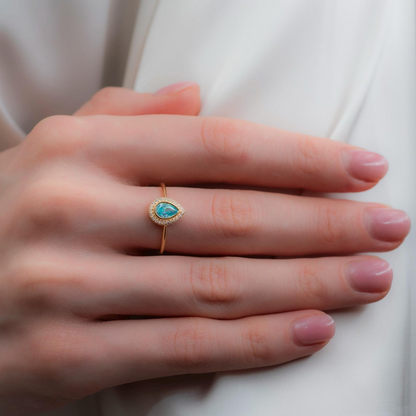 Aquamarine Bezel Drop Ring with Real Diamonds in 8K/10K/14K Solid Gold | March Birthstone Jewelry