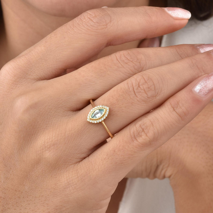 Aquamarine Bezel Marquise Ring with Real Diamonds in 8K/10K/14K Solid Gold | March Birthstone Jewelry